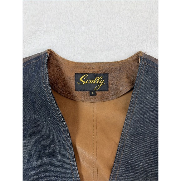 Scully Western Montana Vest Large Denim Body Leather Accents Cowboy Vintage Boho - Picture 5 of 11